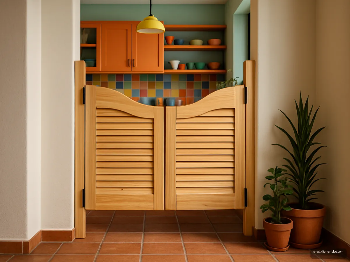 Pine cafe double-swing doors at a kitchen entry