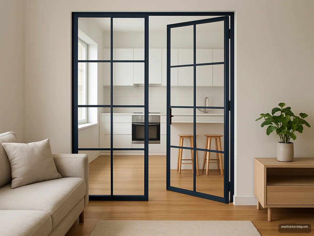 Navy steel grid glass door into a white kitchen