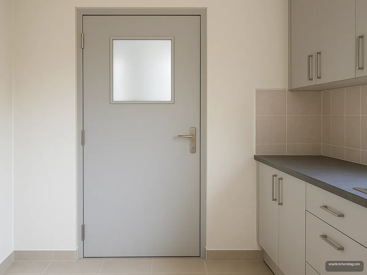 Light grey PVC kitchen door with a small frosted panel