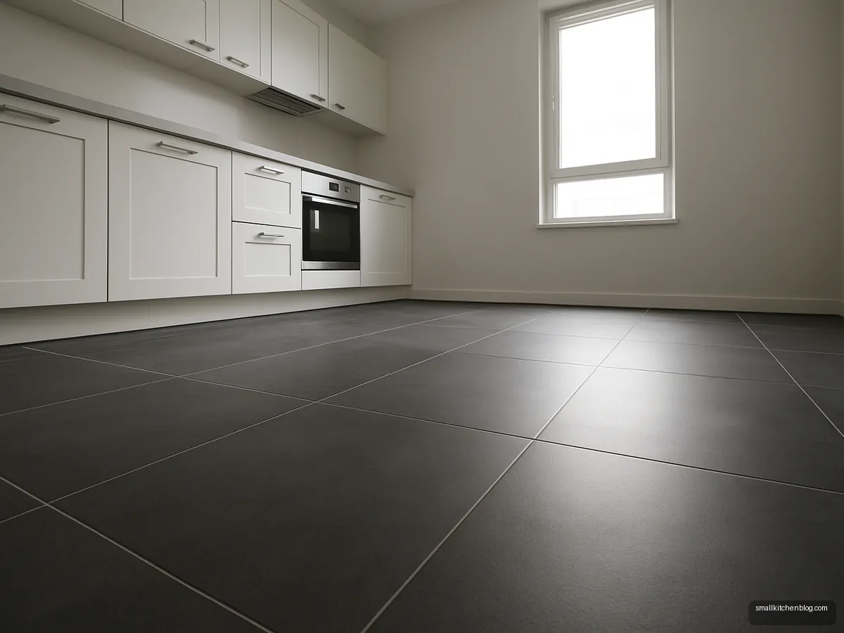 Matte charcoal large-format tiles on a kitchen floor