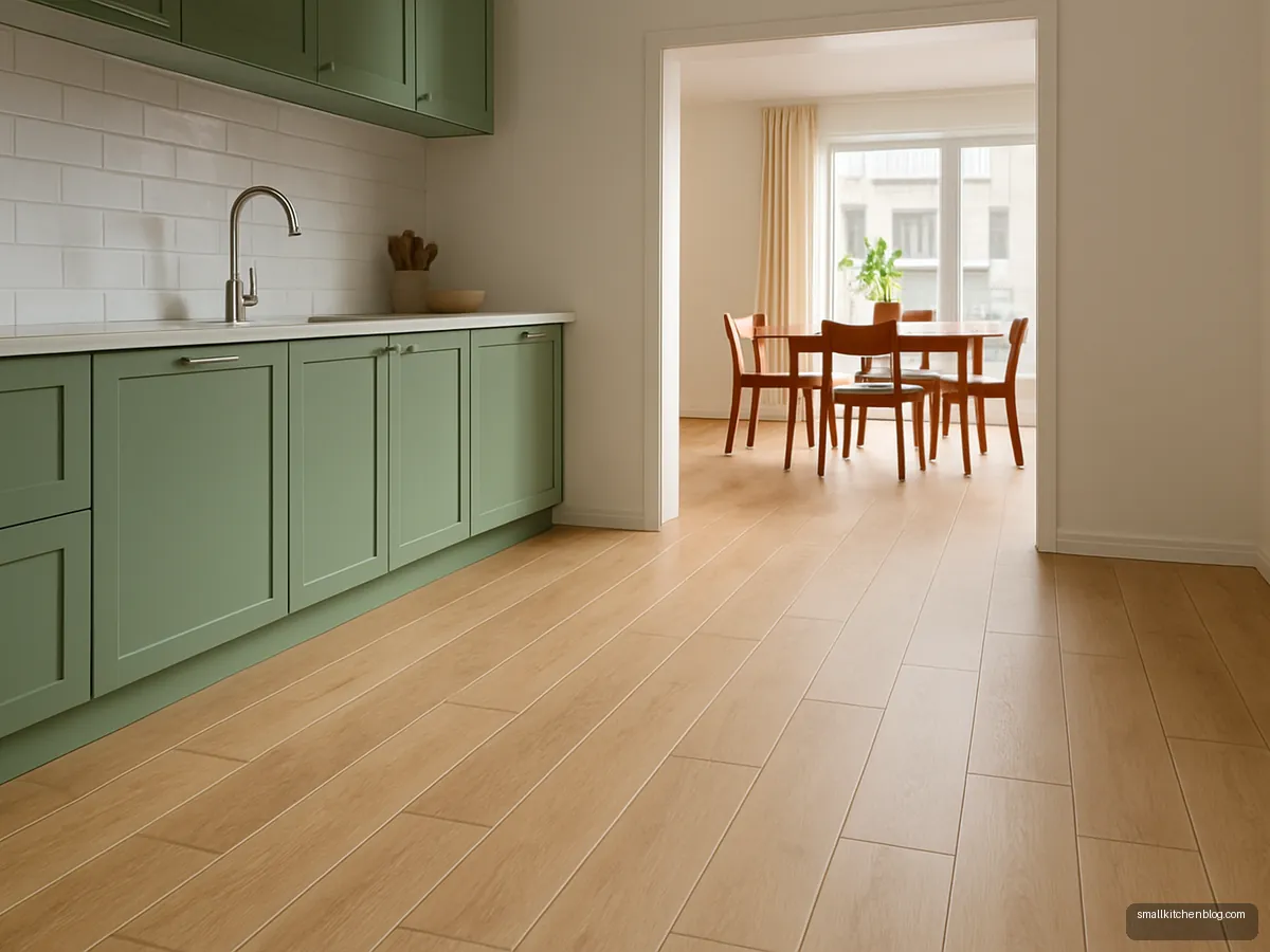 Wood-look porcelain plank tiles in a sage green kitchen
