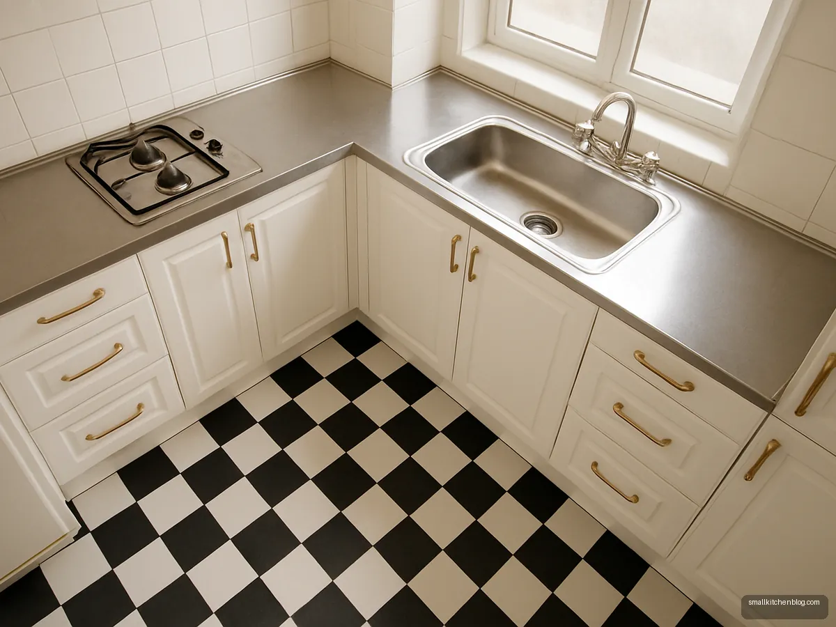 Black and white checkerboard tiles on a small kitchen floor