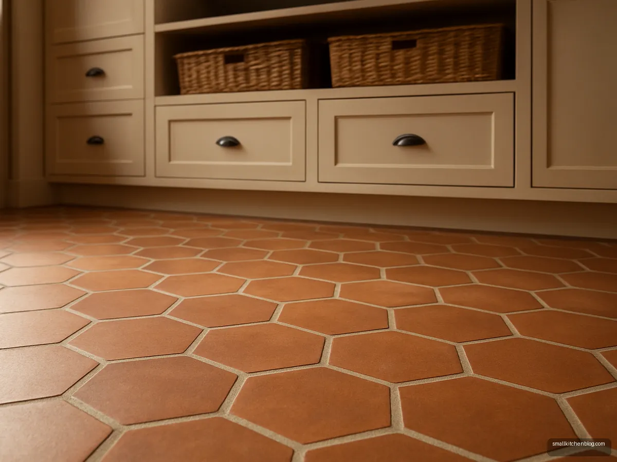 Terracotta hexagon tiles on a kitchen floor