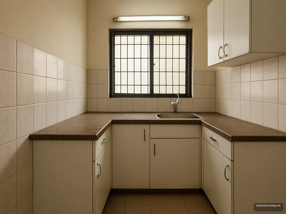 Beige anti-skid square tiles in a budget kitchen