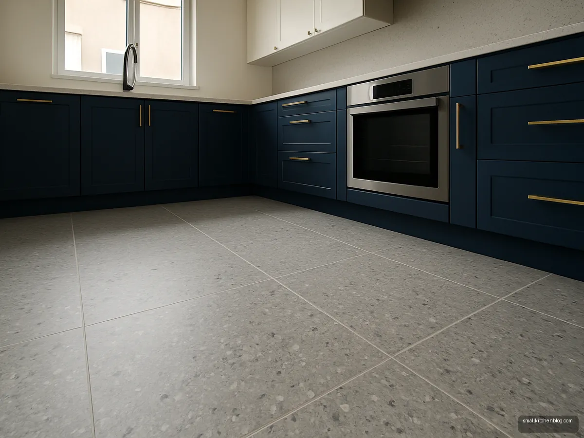 Grey terrazzo-look tiles in a navy blue kitchen