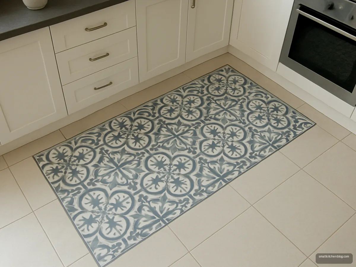 Patterned tile rug in front of a kitchen counter