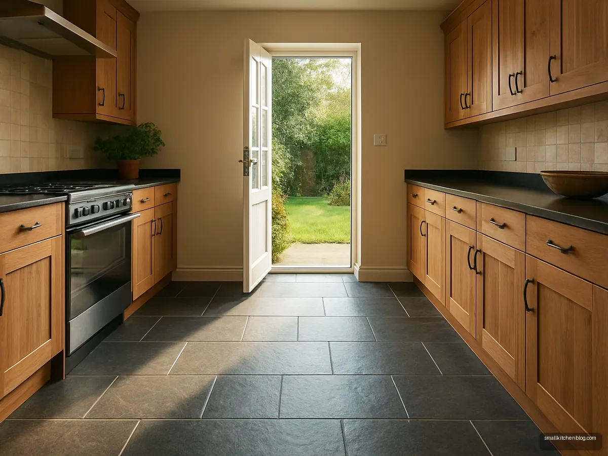 Slate grey stone-look tiles in a bungalow kitchen