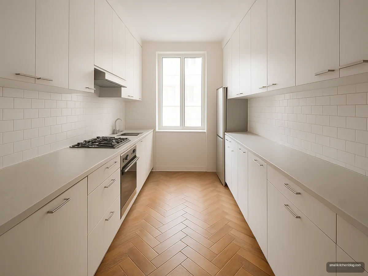 Herringbone wood-look tiles in a narrow galley kitchen