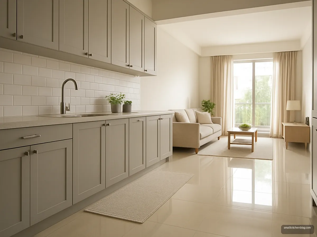 Cream polished vitrified floor with a runner mat by the sink