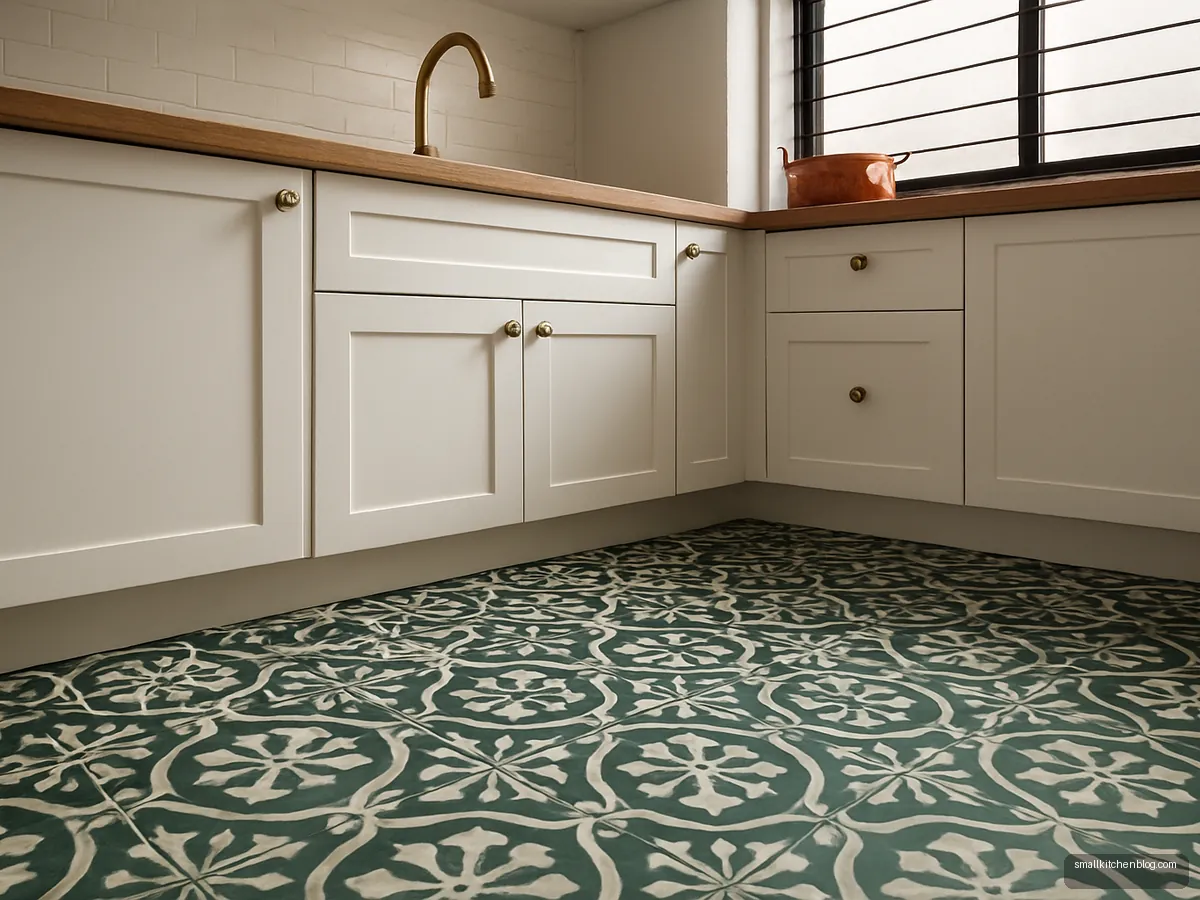 Green encaustic-look patterned tiles on a kitchen floor