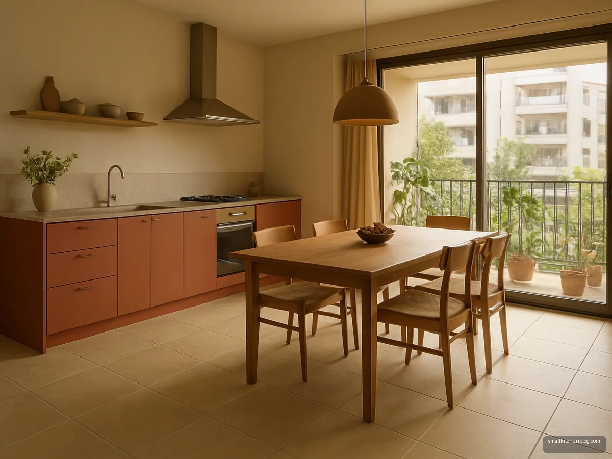 Sandstone matte tiles in an open kitchen and dining area