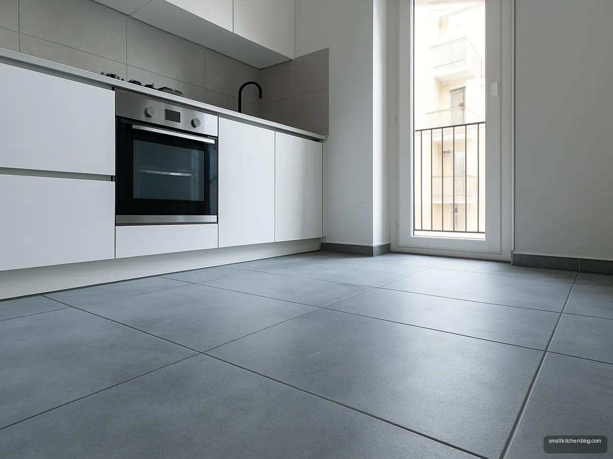 Blue-grey concrete-look floor tiles with dark grout