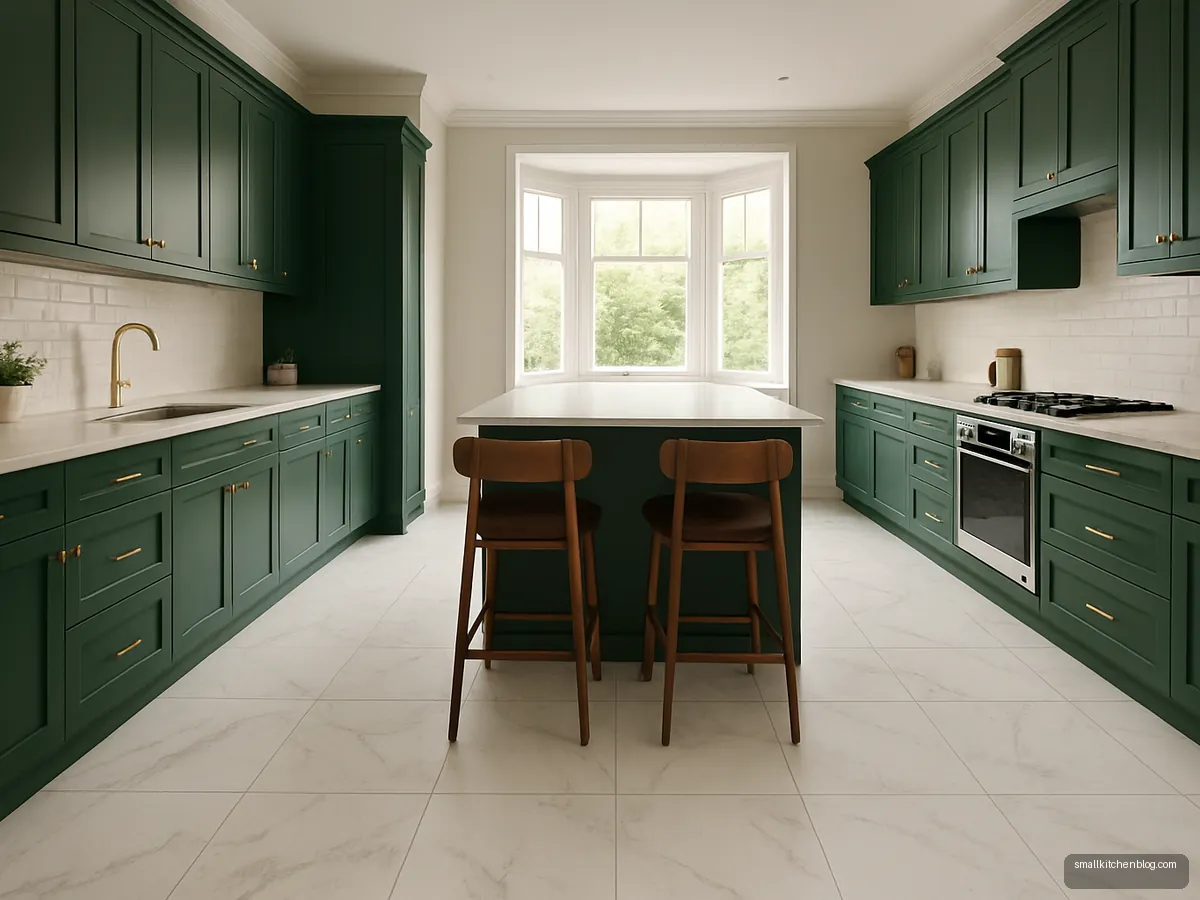 Marble-look matte tiles in a luxury green kitchen