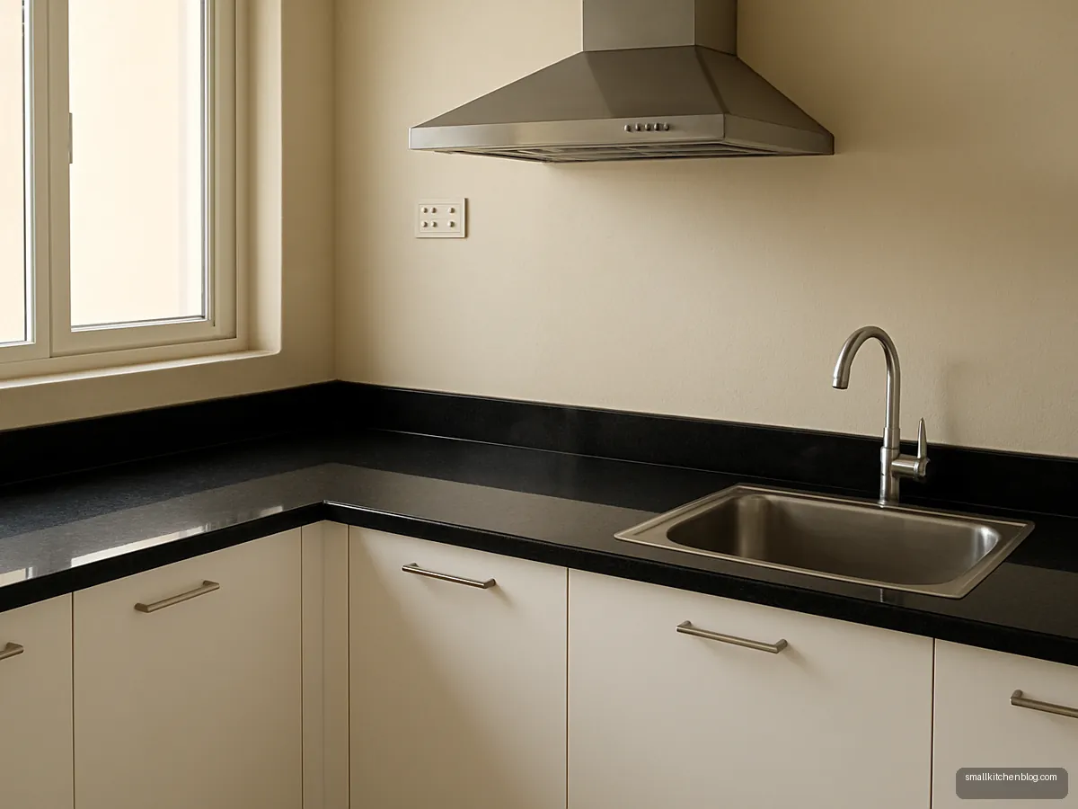 Jet black granite kitchen countertop with white cabinets