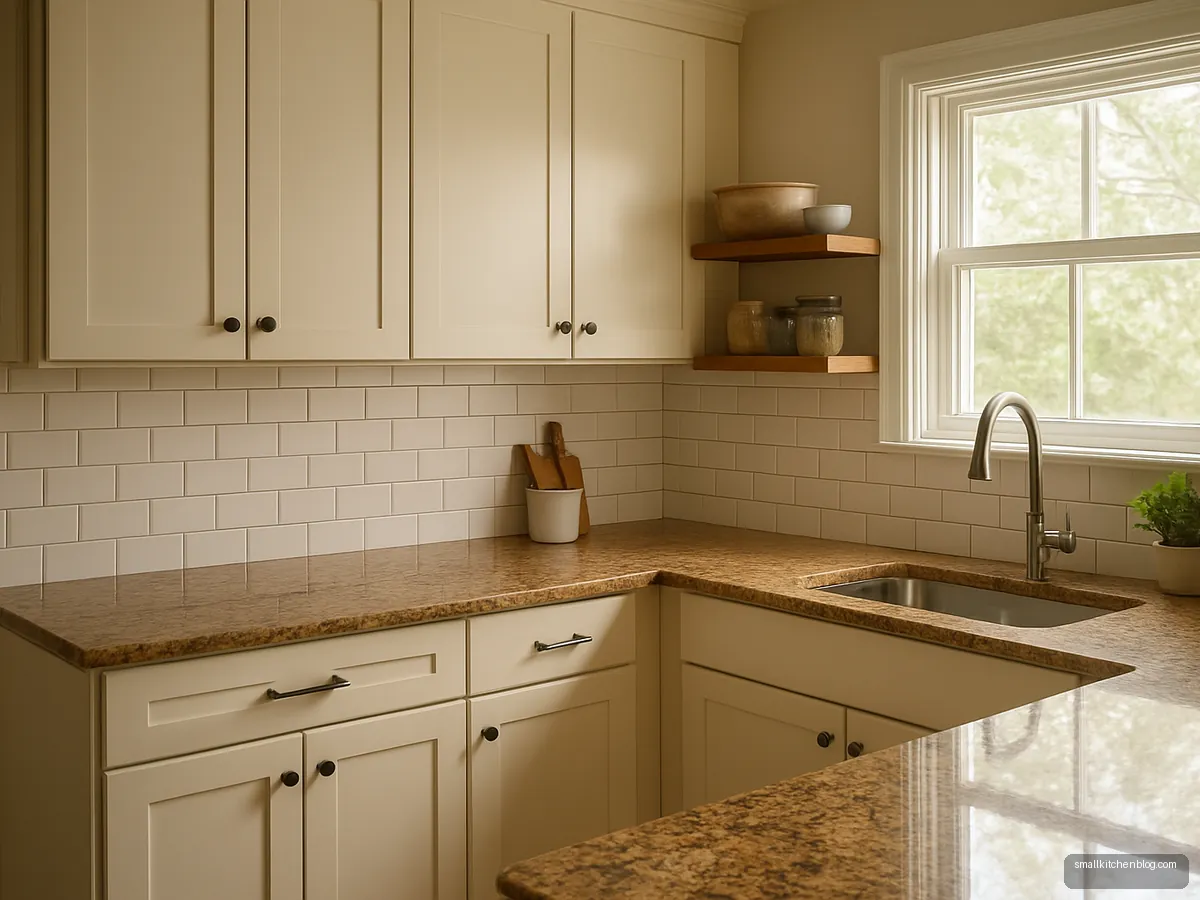 Tan brown granite counter with cream cabinets