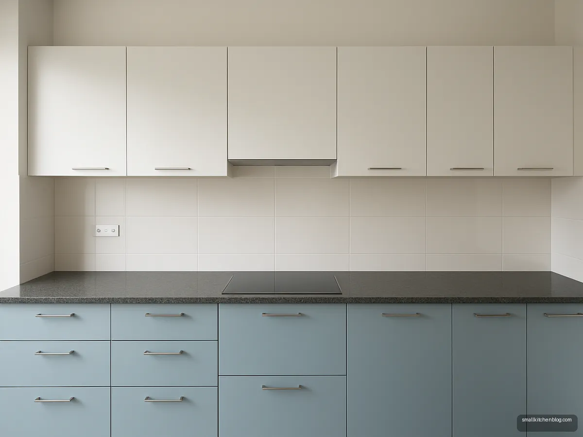 Steel grey granite counter with pale blue cabinets