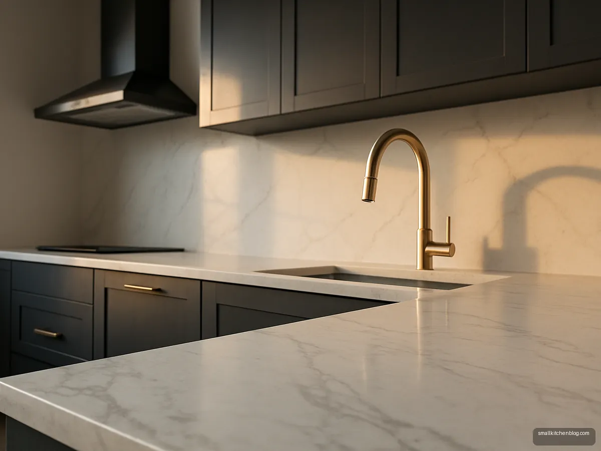White veined quartz counter with charcoal cabinets