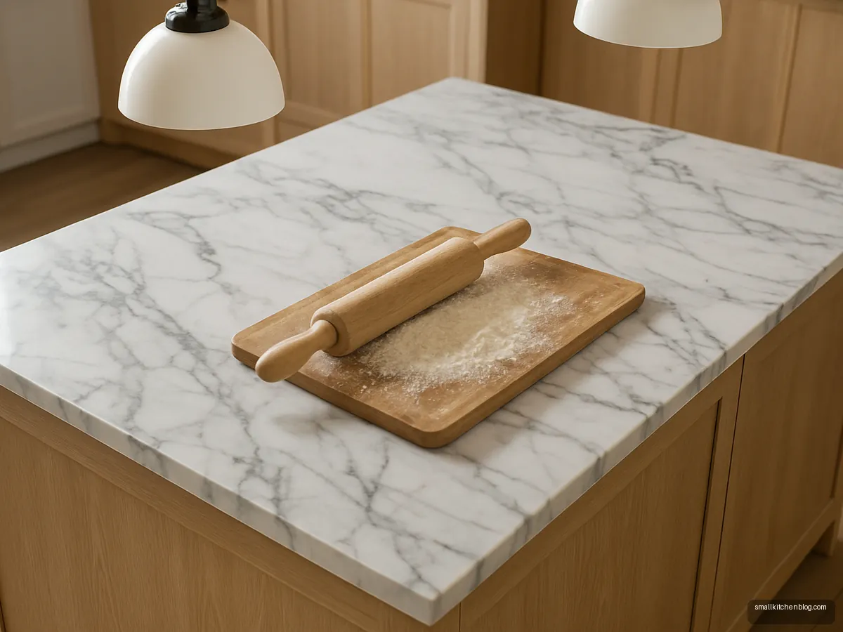 White marble island top used for rolling dough