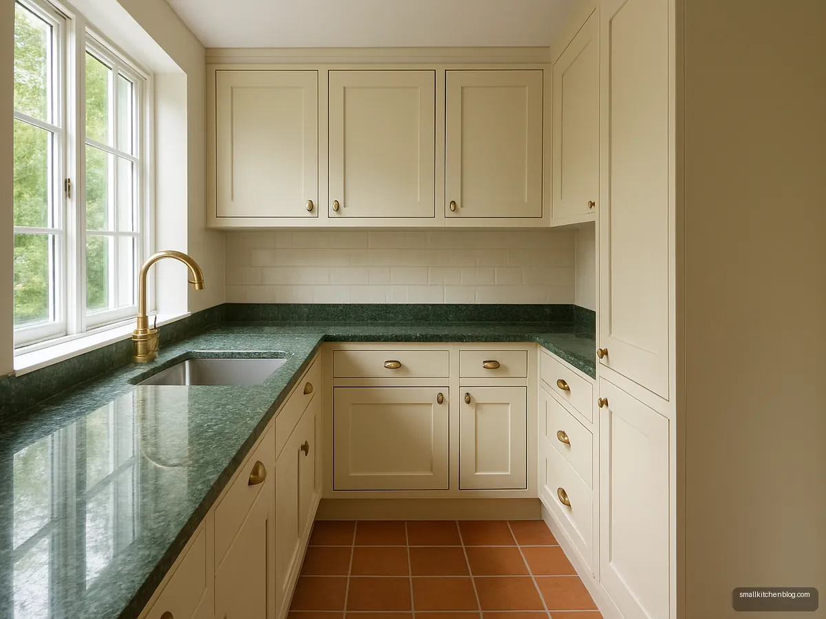 Forest green granite counter with ivory cabinets