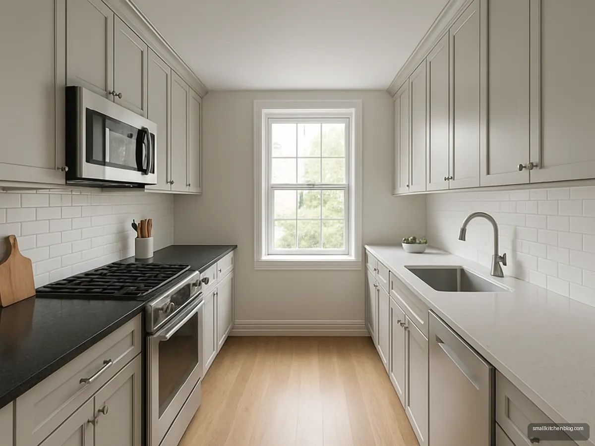 Kitchen with black granite and white quartz counters