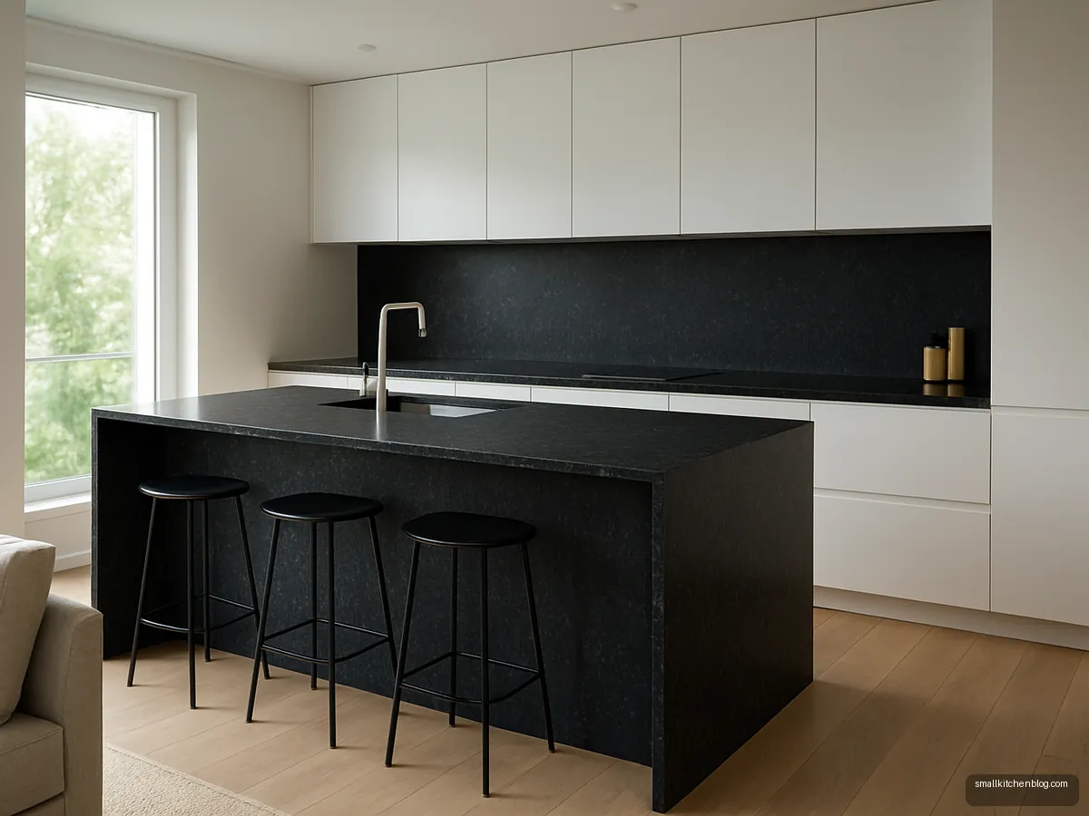 Black galaxy granite waterfall edge in open kitchen