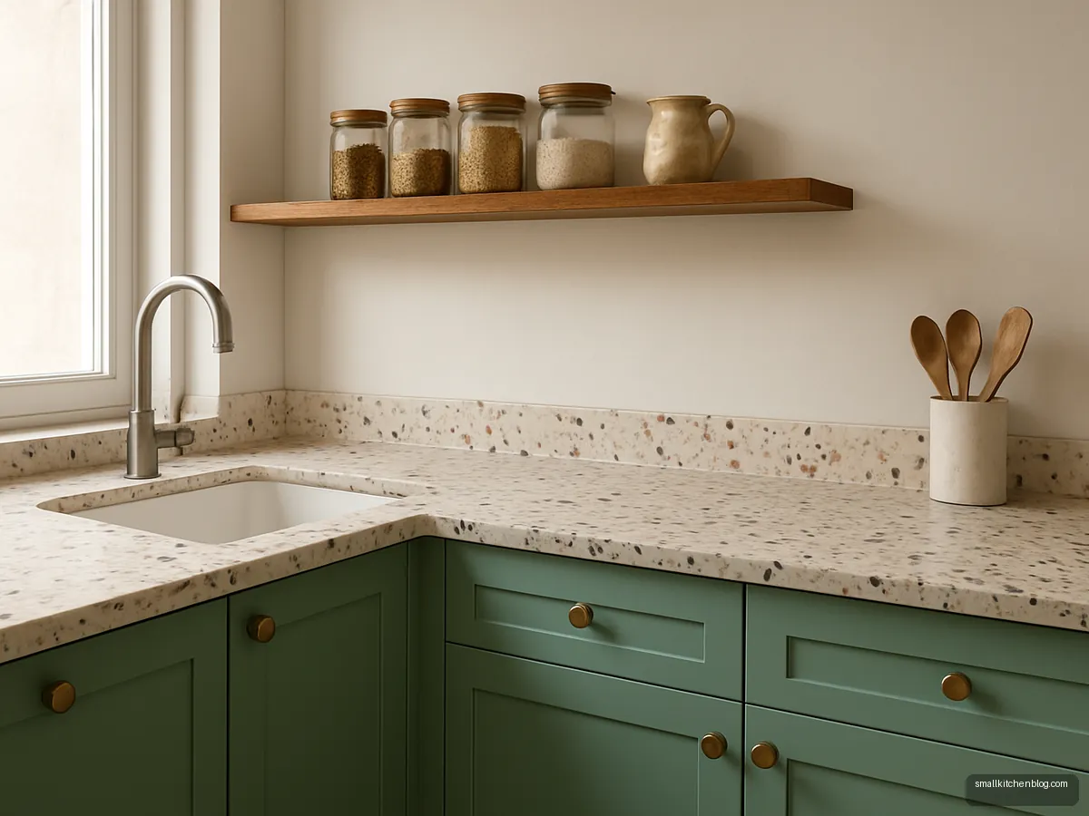 Cream terrazzo countertop with mint cabinets