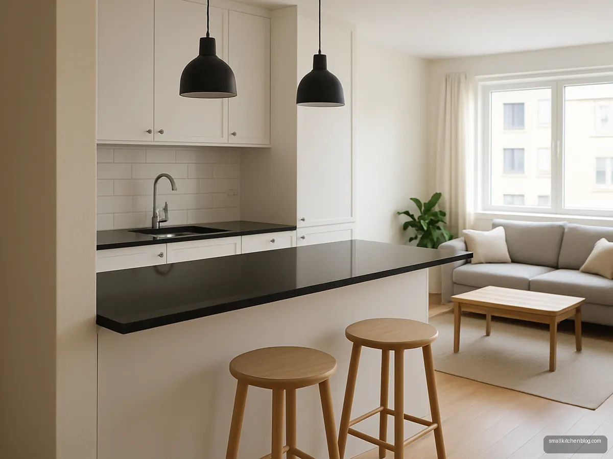 Black granite breakfast ledge with wooden stools