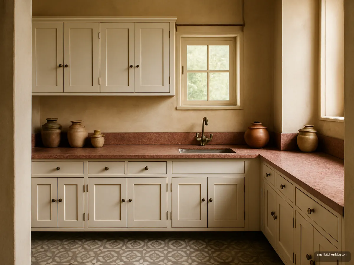 Rosy pink granite counter in vintage kitchen