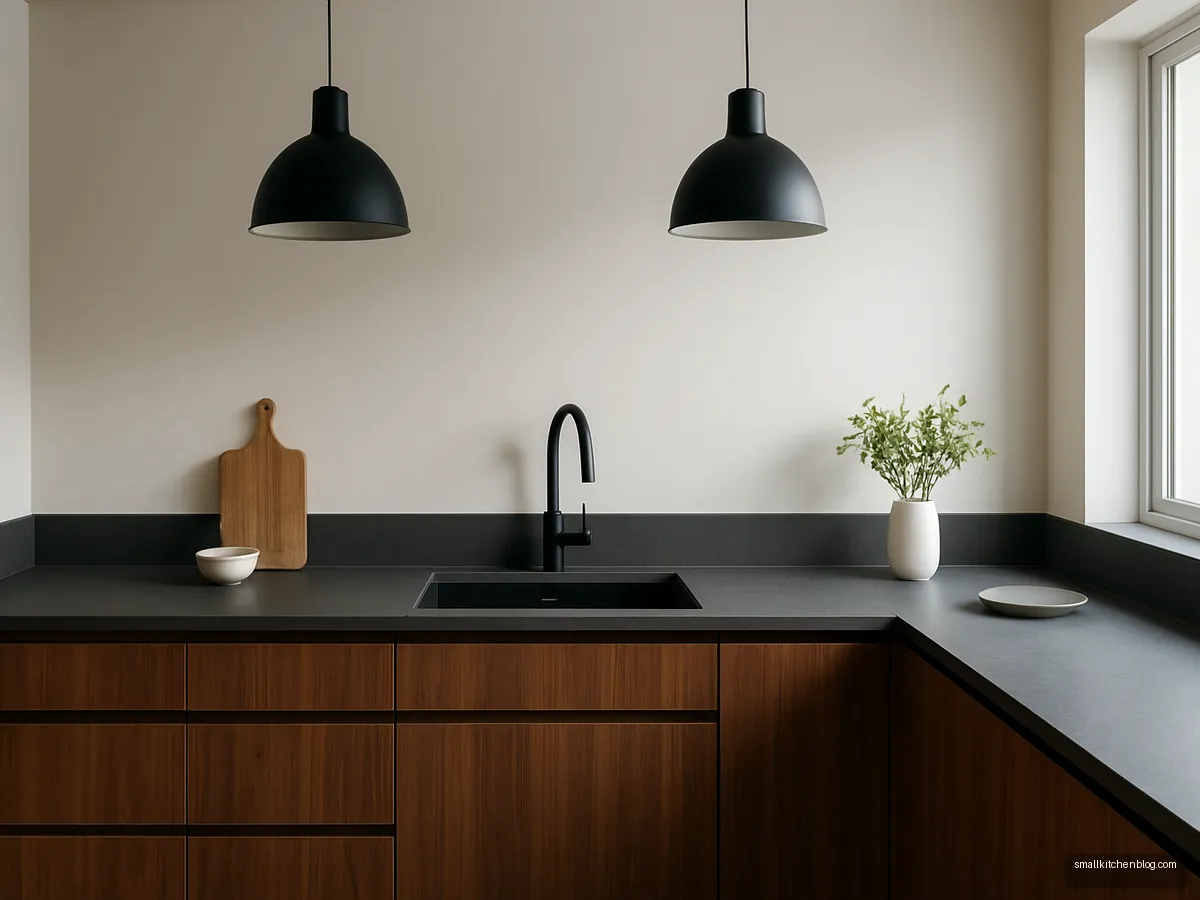 Honed matte grey quartz counter with walnut cabinets