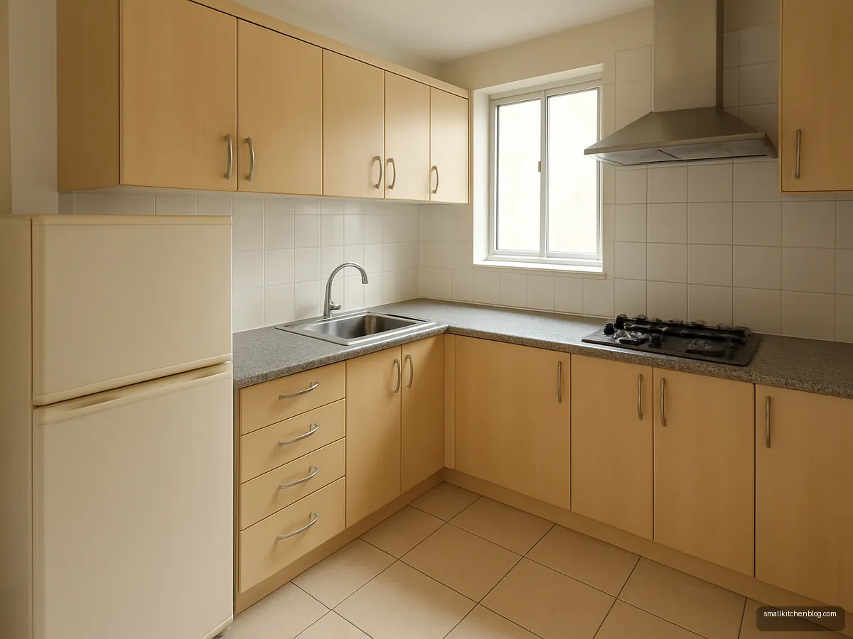8 by 10 ft L-shaped kitchen with fridge, sink and hob in a triangle