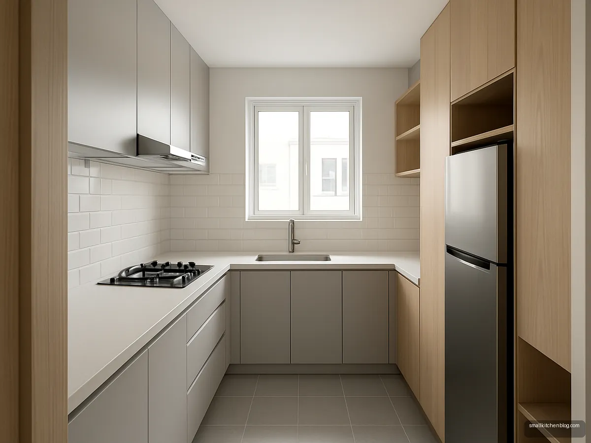 Compact galley kitchen with a tall fridge unit opposite the hob wall