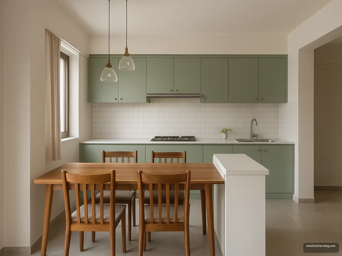 Kitchen-cum-dining room with a peninsula facing the dining table
