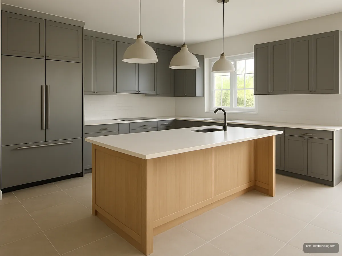 Large kitchen with an oak island and wide walkways