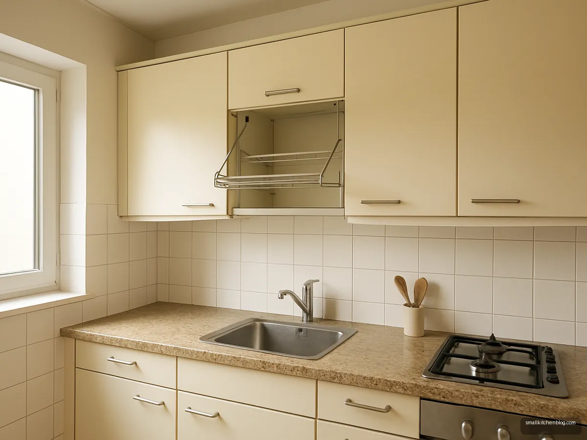 Kitchen with a lowered counter and lowered wall cabinets