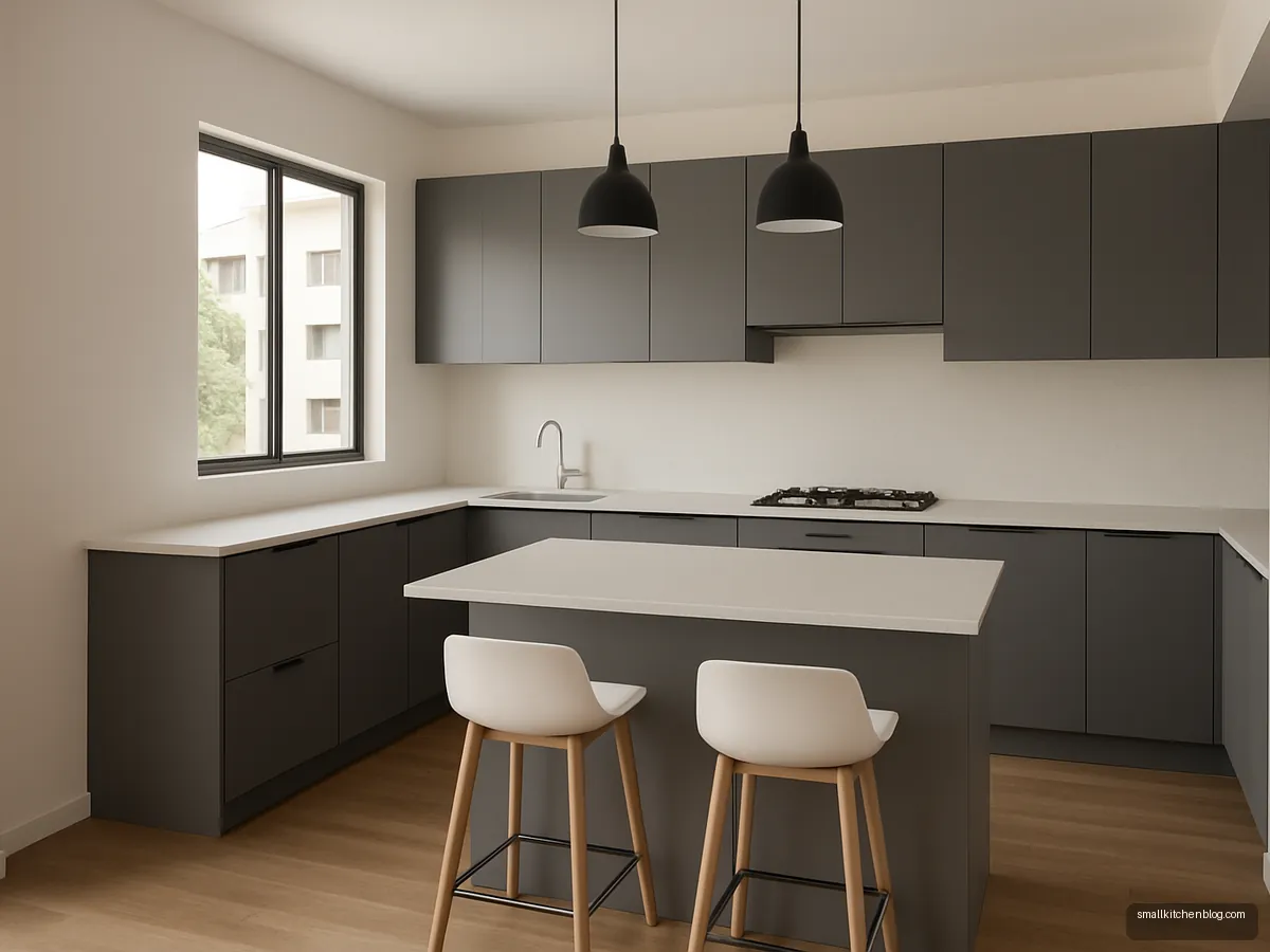 L-shaped kitchen with a peninsula breakfast counter and stools