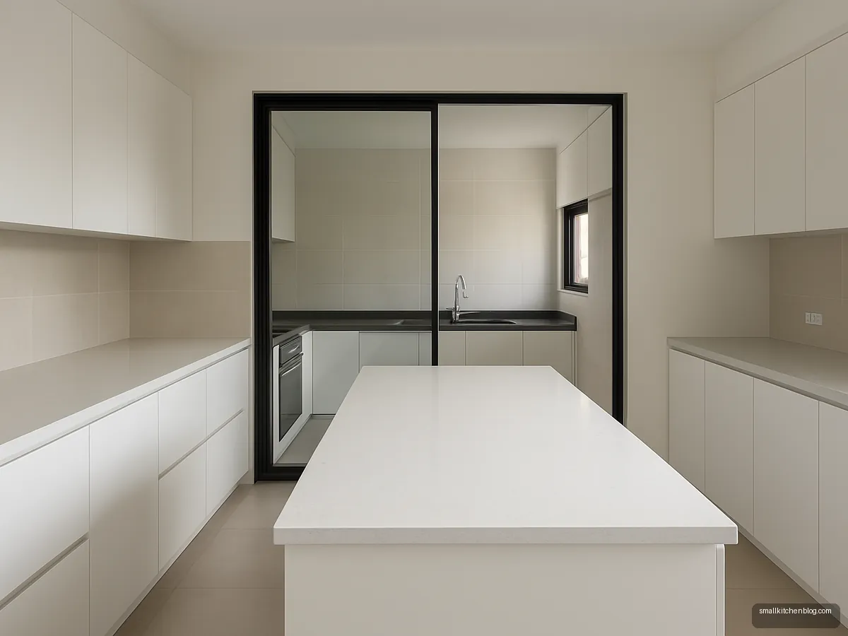Dry kitchen in front with a wet kitchen behind a glass partition