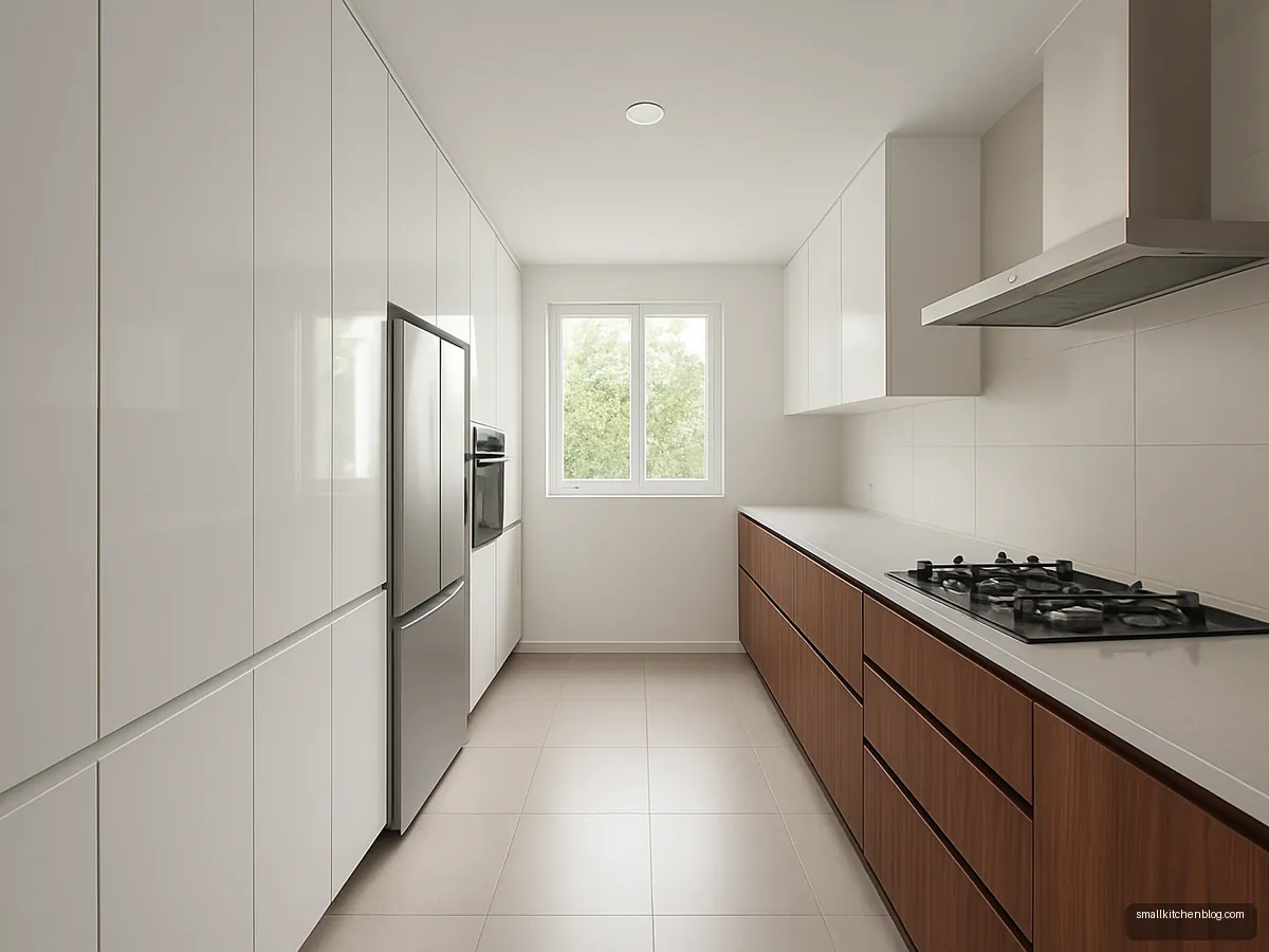 Wall of white tall units with built-in oven and fridge