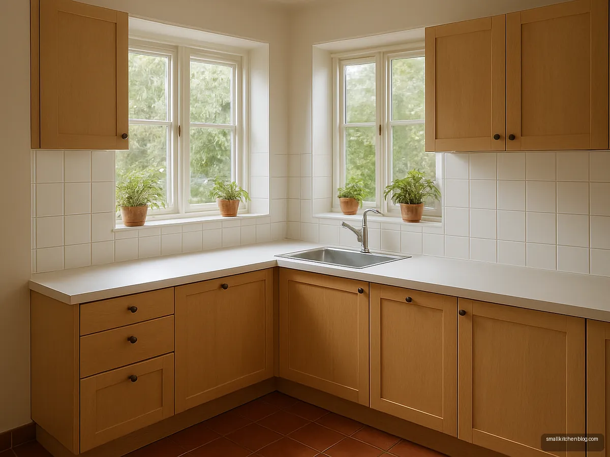 Corner sink under two windows in a light wood kitchen