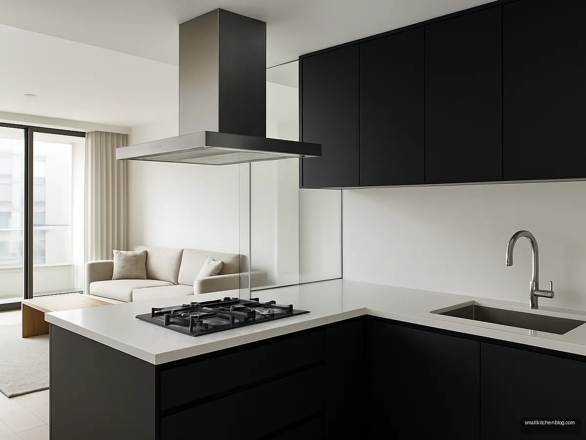 Open kitchen with a glass screen beside the hob