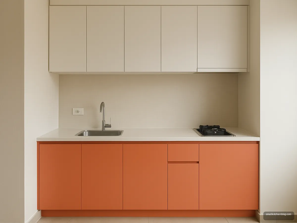 Studio kitchenette with coral cabinets and a loft row