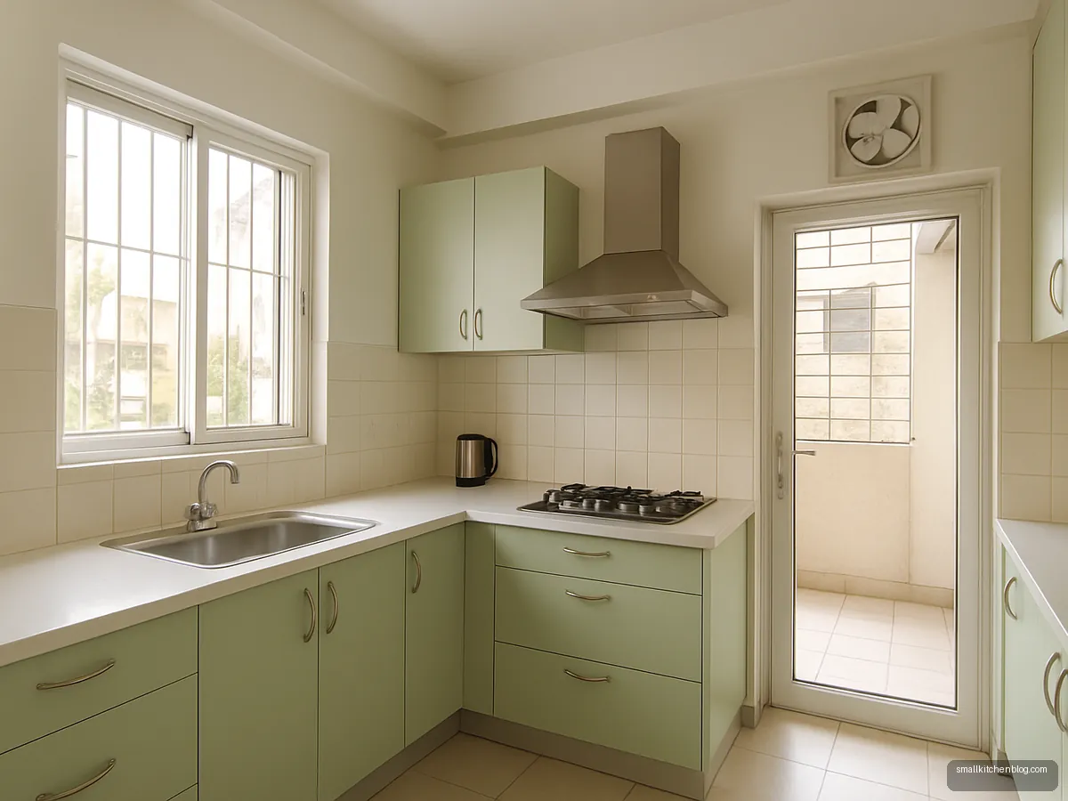 Kitchen with a window and a glass door to a utility balcony