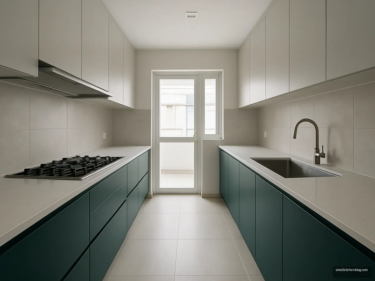 Wide parallel kitchen with a hob and sink on opposite runs