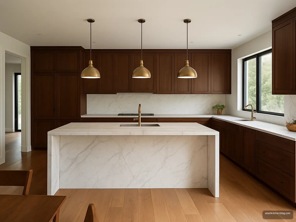 White marble waterfall island in a large villa kitchen