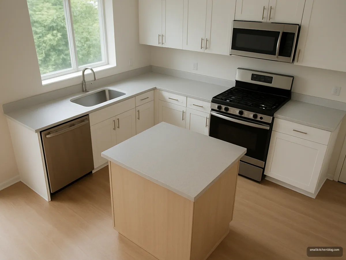Small square oak prep island in an apartment kitchen