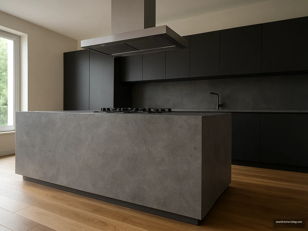 Island with cooktop and ceiling-hung chimney