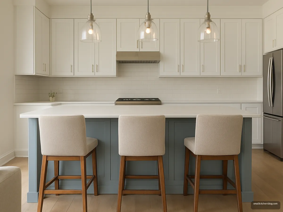 Sky blue island with overhang and three bar stools