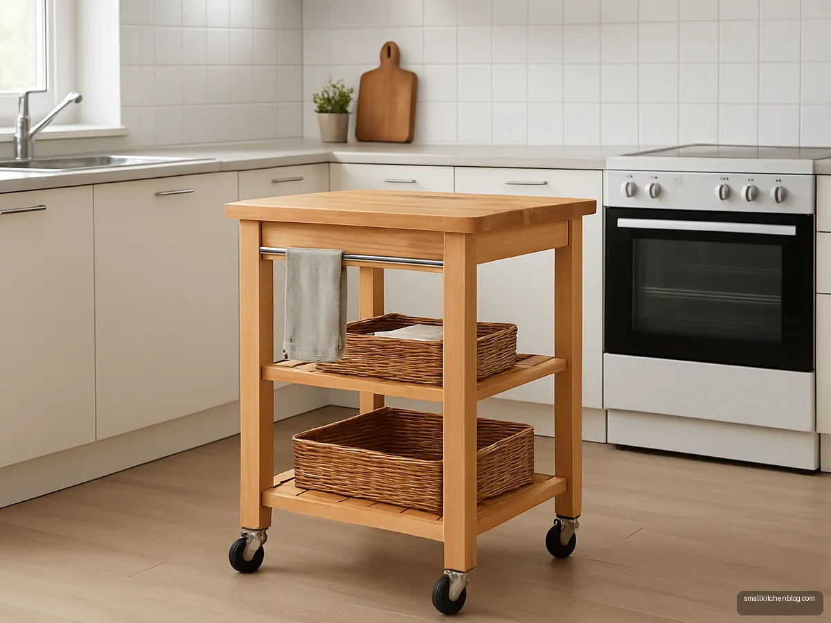 Wooden rolling trolley island in a small kitchen