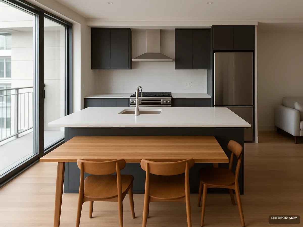 Two-level island combining prep counter and dining table