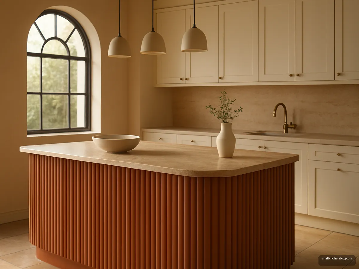 Fluted terracotta island with travertine look top