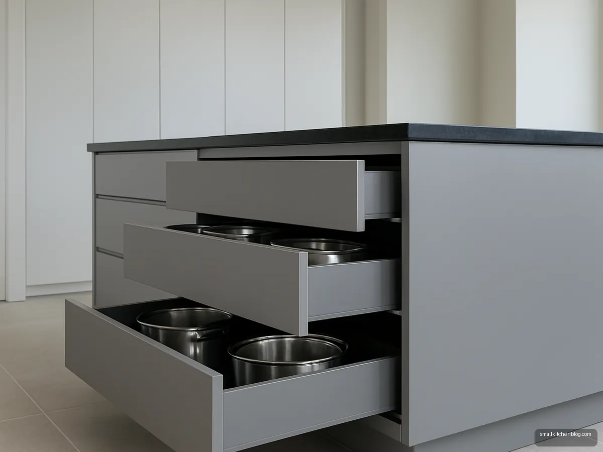 Grey kitchen island with open deep drawers